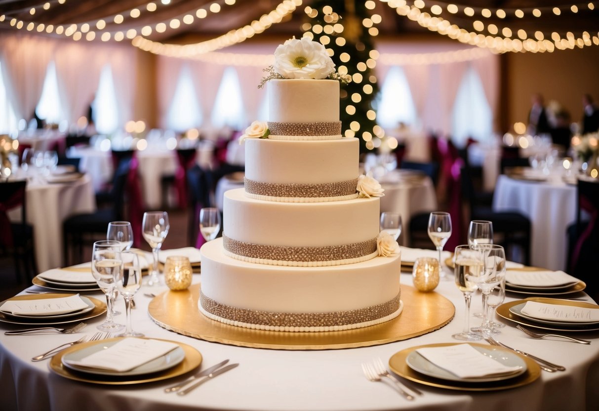 A tiered wedding cake with elegant decorations, surrounded by 50 place settings and festive decor