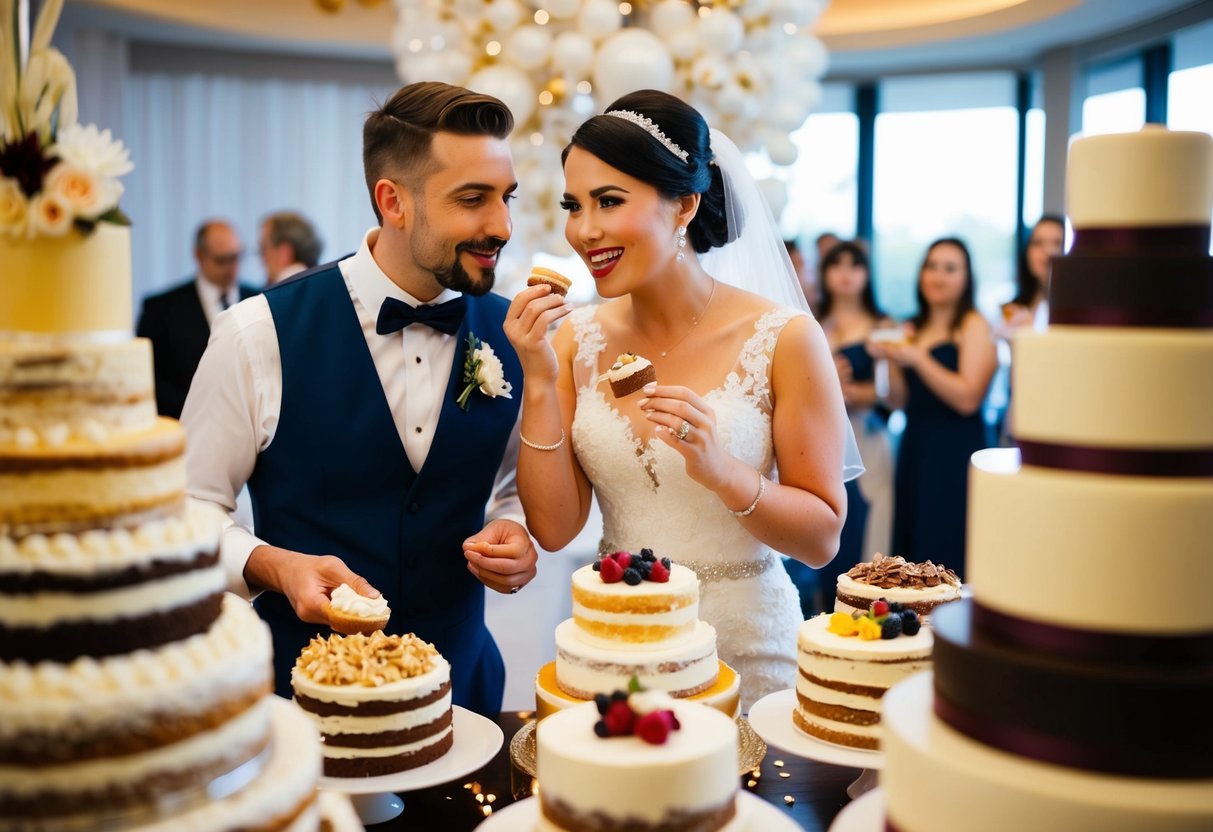 A bride and groom sample various cake flavors and fillings at a wedding cake tasting, surrounded by a display of decadent confections