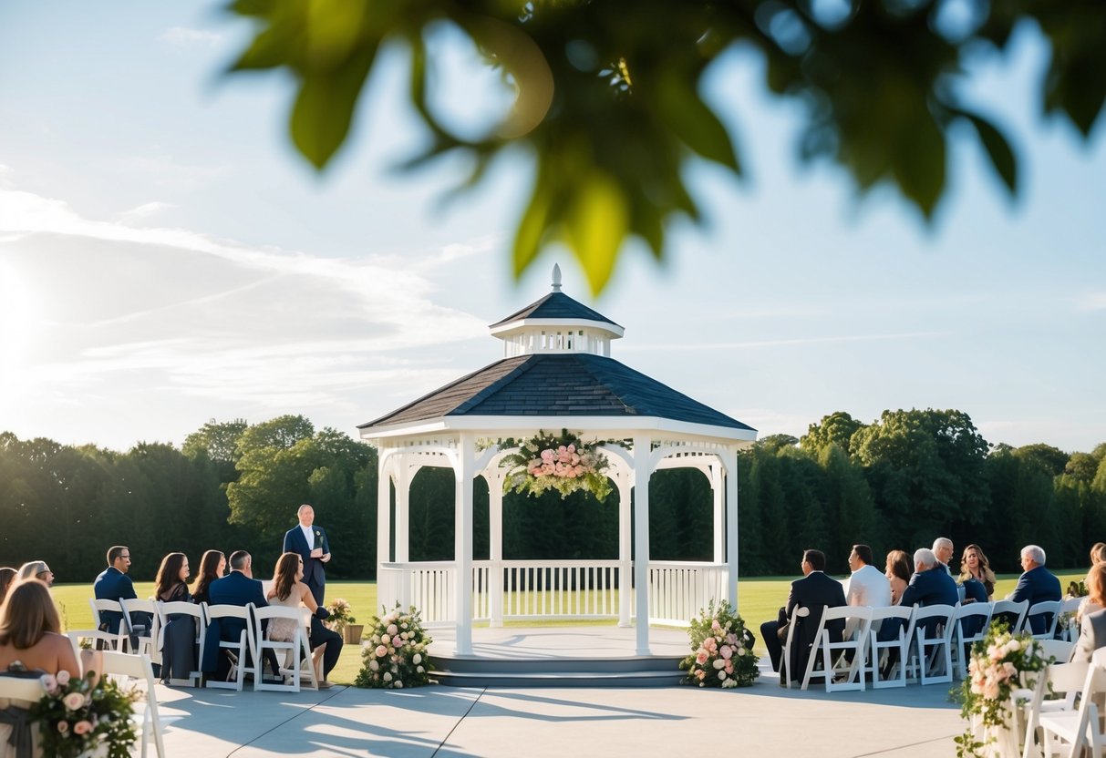 A sunlit outdoor wedding venue with a white gazebo, floral decorations, and scattered seating for guests