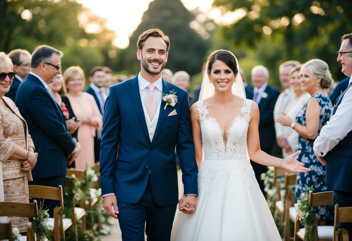 The bride and groom stand together, welcoming guests with smiles and gestures