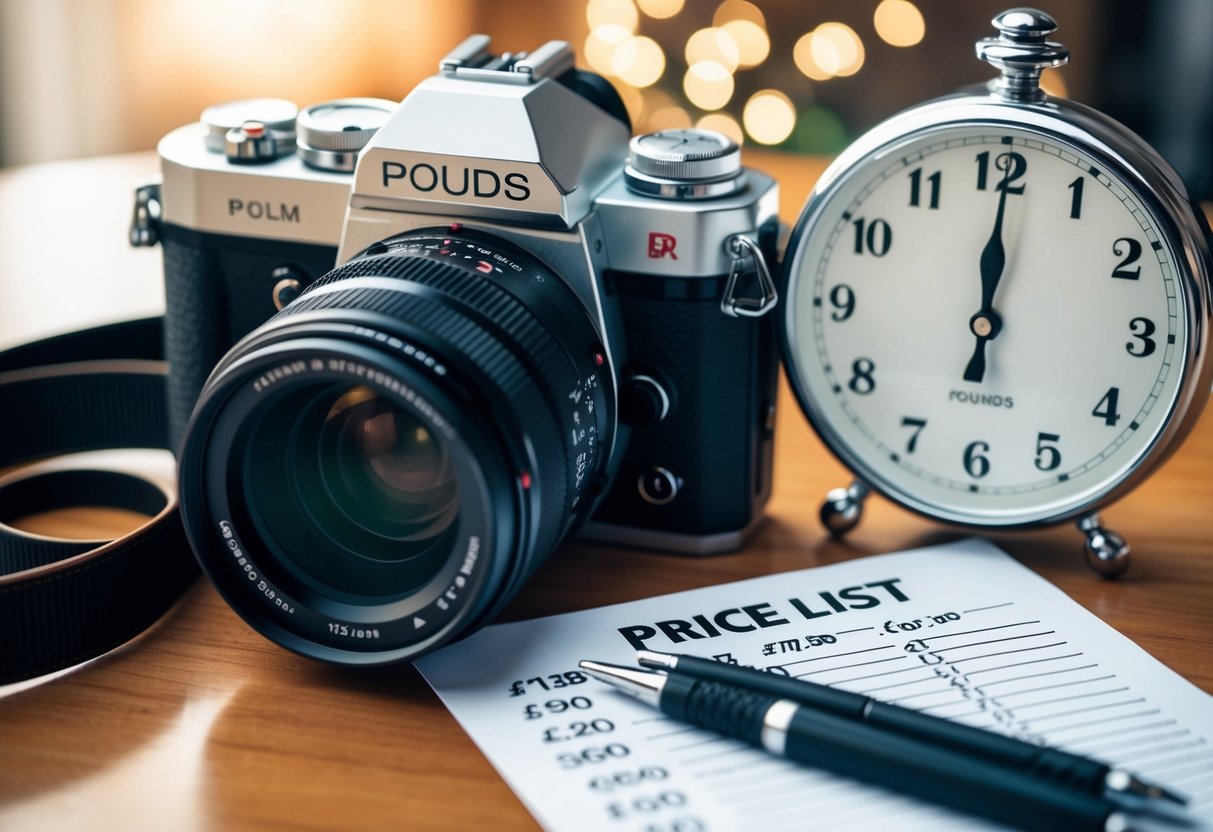 A wedding photographer's camera, a price list, and a clock, with pounds symbol