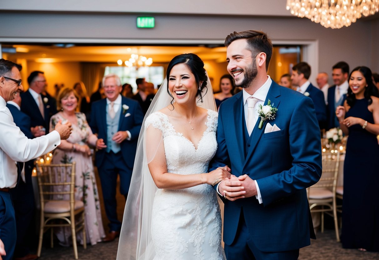 The bride and groom stand together, smiling and welcoming guests as they enter the reception area. The room is filled with laughter and chatter as the newlyweds express their gratitude to each guest