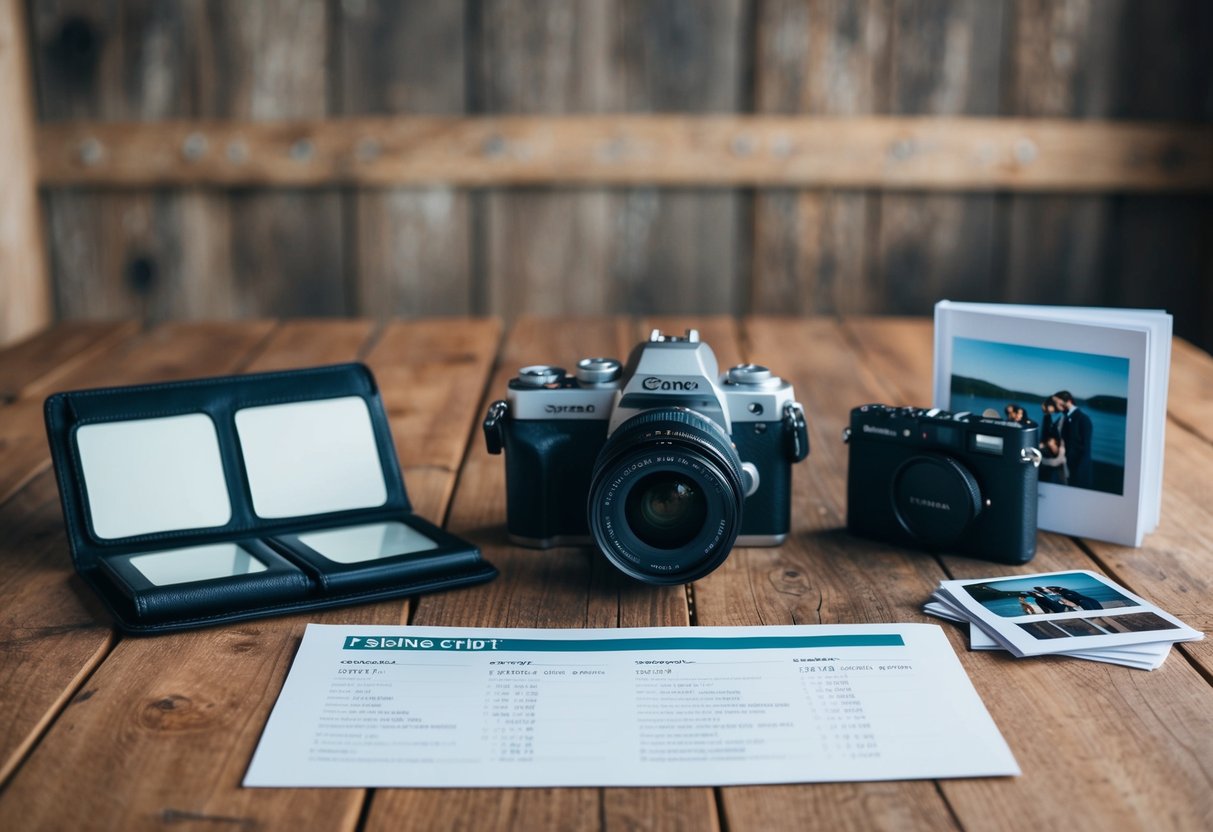 A wedding photographer's camera and equipment laid out on a rustic wooden table, with a pricing sheet and sample photo albums displayed nearby