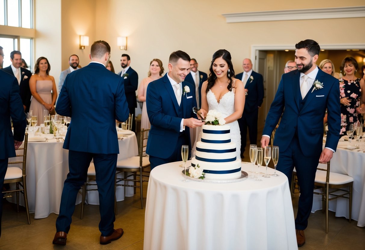 Guests departing during cake cutting. Tables cleared, champagne flutes empty. Bride and groom stand by the cake, surrounded by remaining attendees