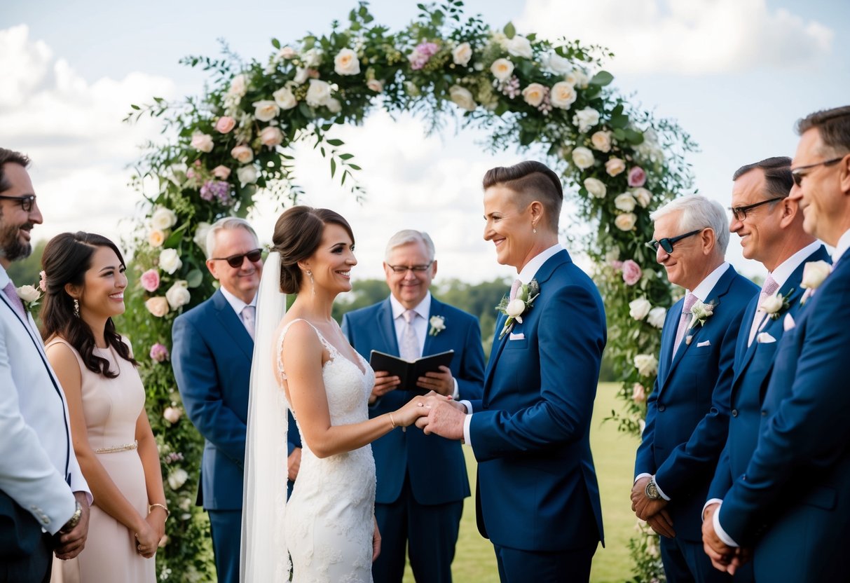 A bride and groom standing beneath a floral arch, surrounded by family and friends, exchanging vows and rings