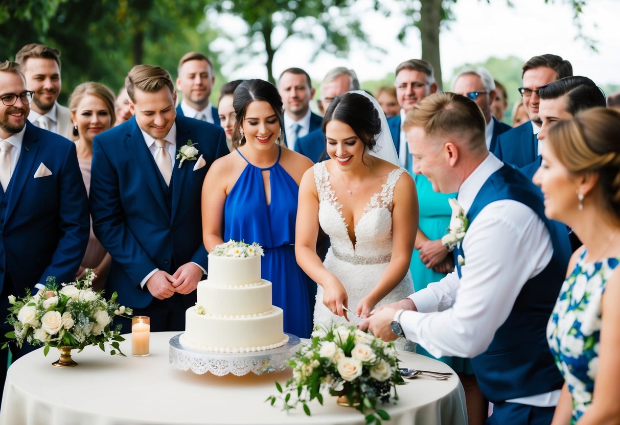 Guests gathering around a beautifully decorated cake table, with the bride and groom preparing to cut the cake as everyone eagerly watches