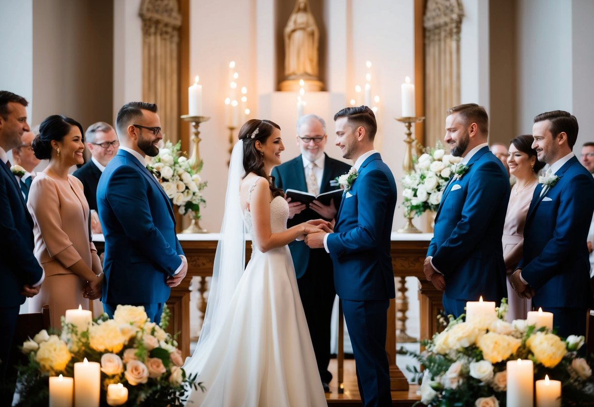 A bride and groom standing at the altar, surrounded by flowers and candles, exchanging vows in front of their friends and family