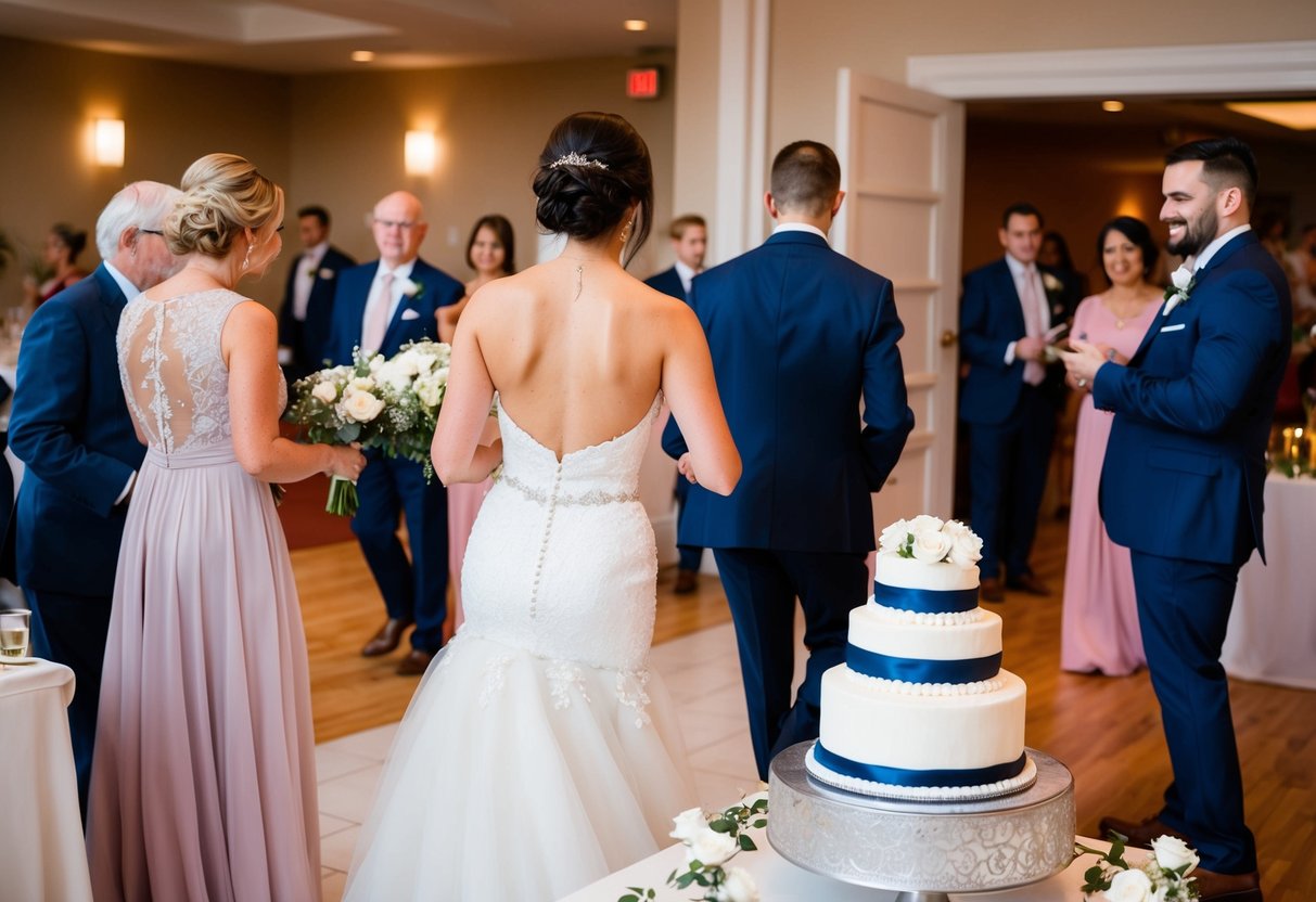 Guests leaving a wedding reception hall as the bride and groom prepare to cut the cake