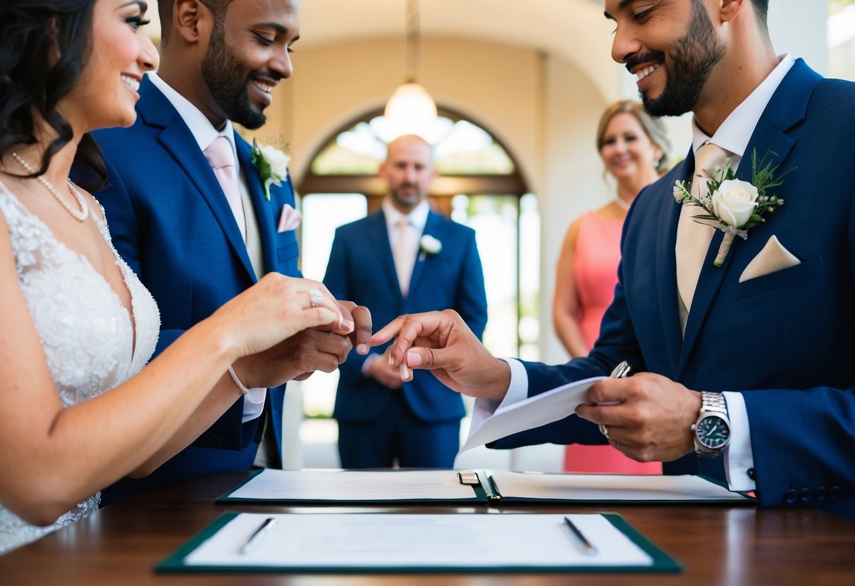 A wedding ceremony: a bride and groom exchanging rings in front of guests. A marriage ceremony: a couple signing legal documents in a courthouse