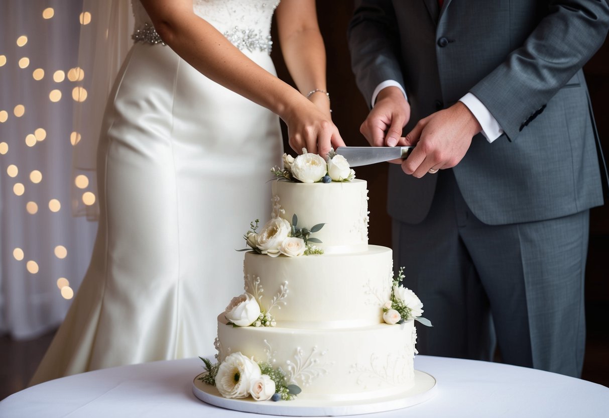 A bride and groom stand together, hands poised to cut into a three-tiered wedding cake adorned with delicate flowers and intricate designs