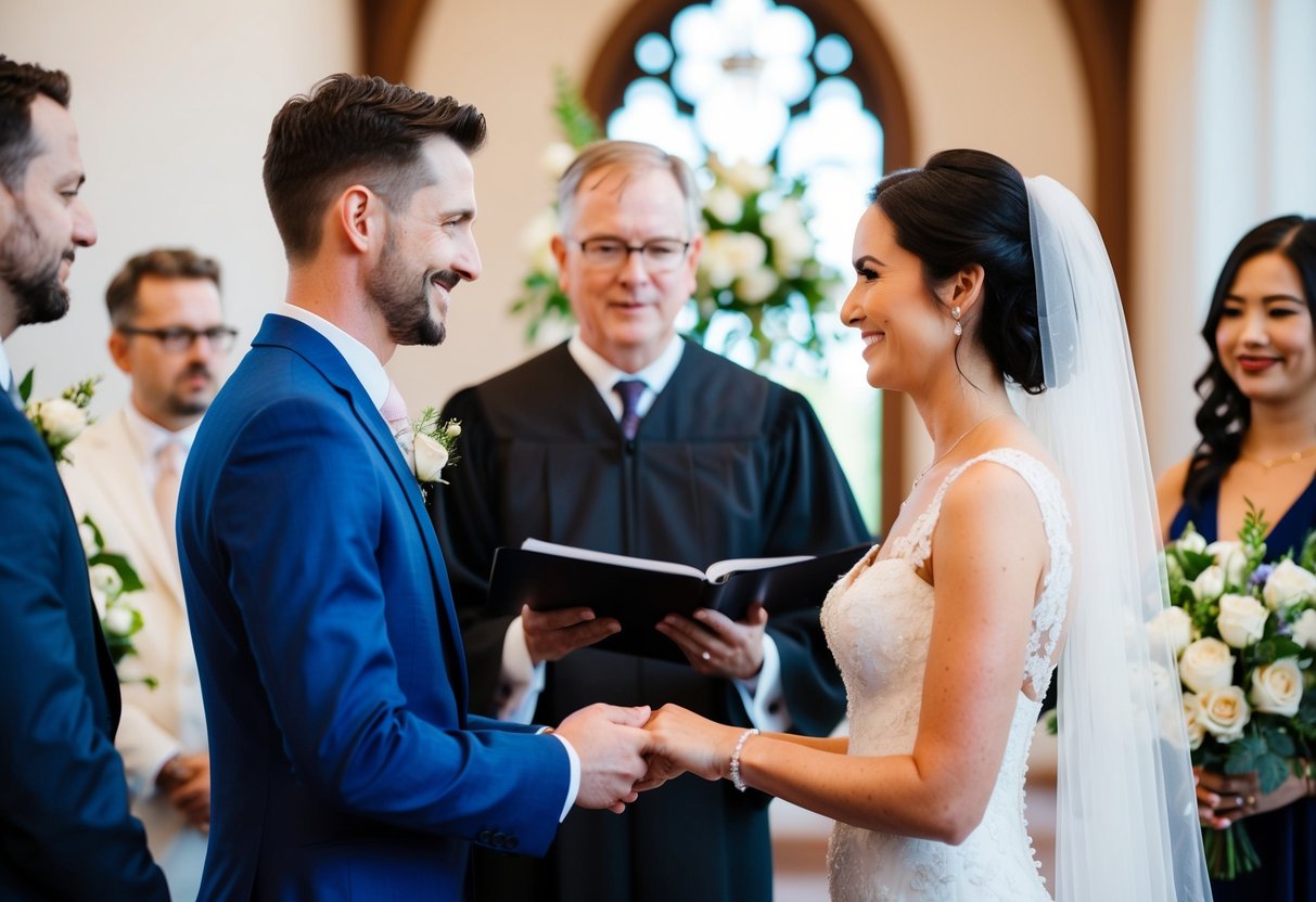 A wedding ceremony: a couple exchanging vows in front of an officiant and witnesses. A marriage ceremony: a legal process involving paperwork and formalities