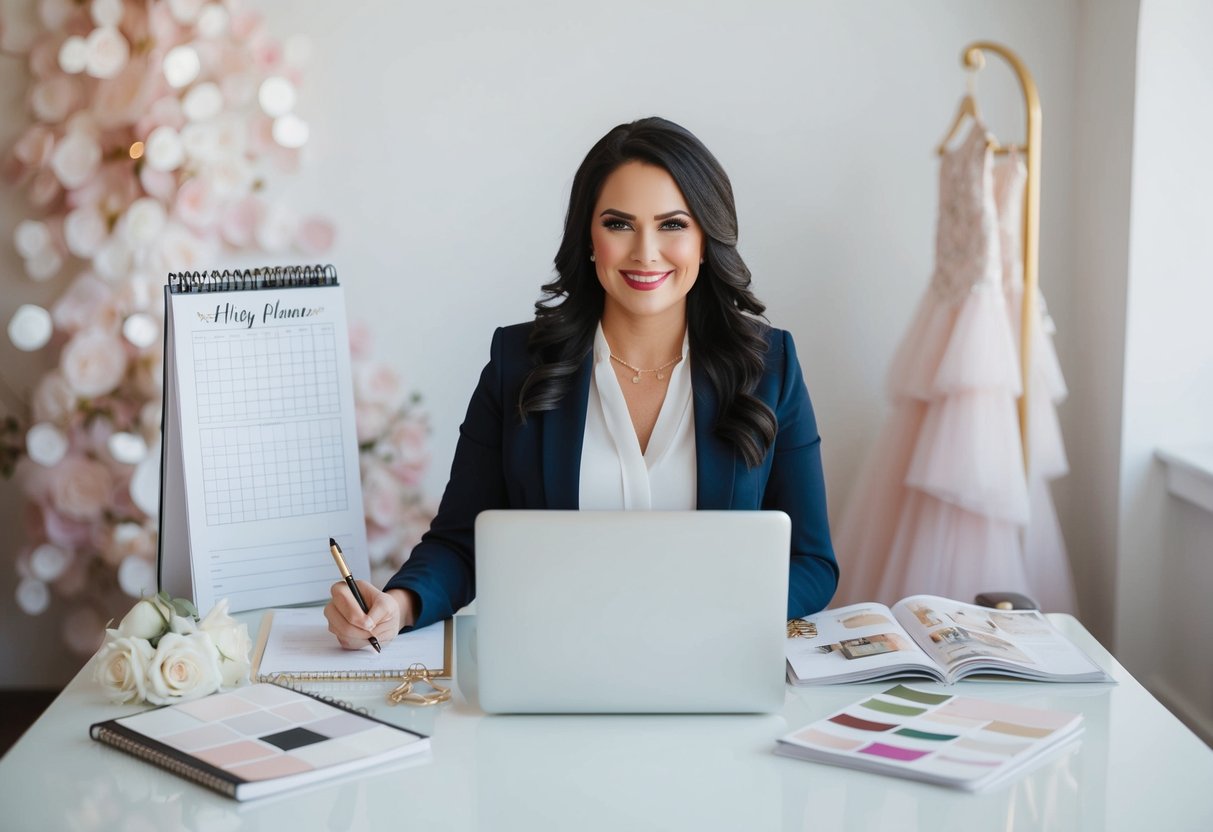 A wedding planner sitting at a desk with a calendar, checklist, and laptop surrounded by bridal magazines and swatches of fabric