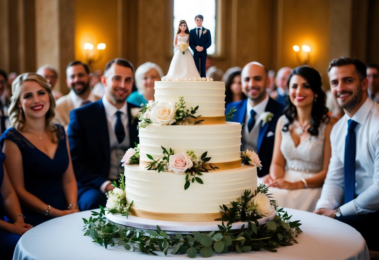 A three-tiered wedding cake adorned with flowers and a bride and groom cake topper sits on a table, surrounded by smiling guests