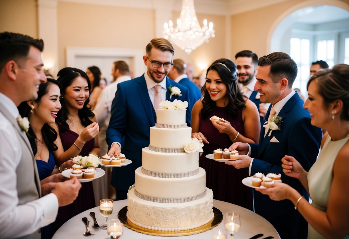 Guests gather around the elegant wedding cake, indulging in sweet treats as the celebration comes to a close