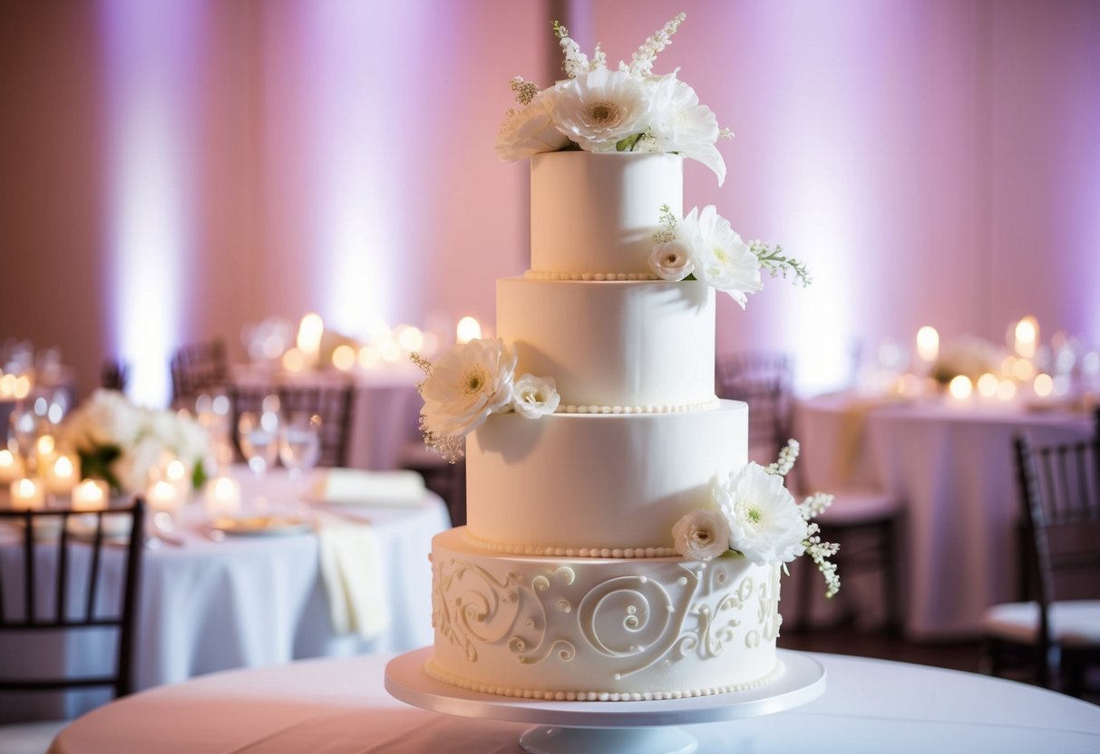 A three-tiered wedding cake adorned with delicate white flowers and intricate icing designs, set against a backdrop of soft candlelight and elegant table settings