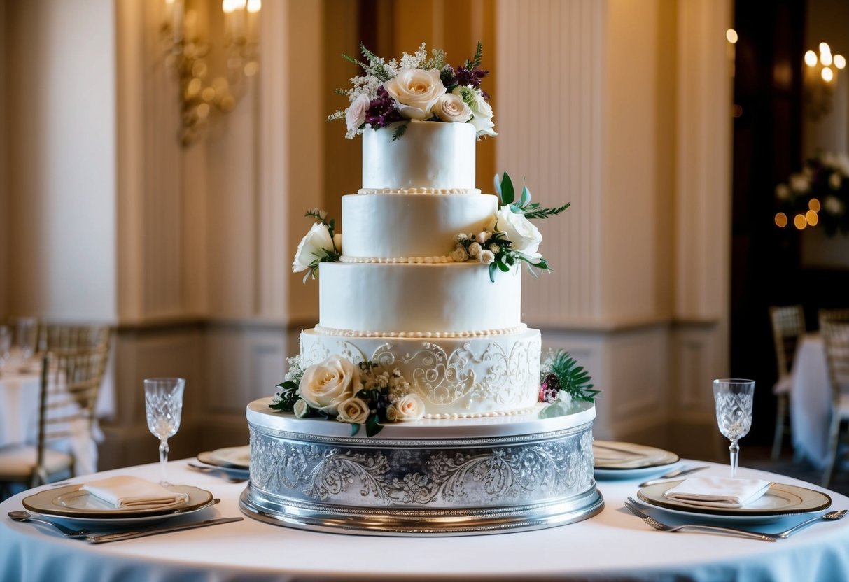 A tiered wedding cake with three layers, adorned with flowers and intricate designs, positioned on a table with elegant tableware and decor