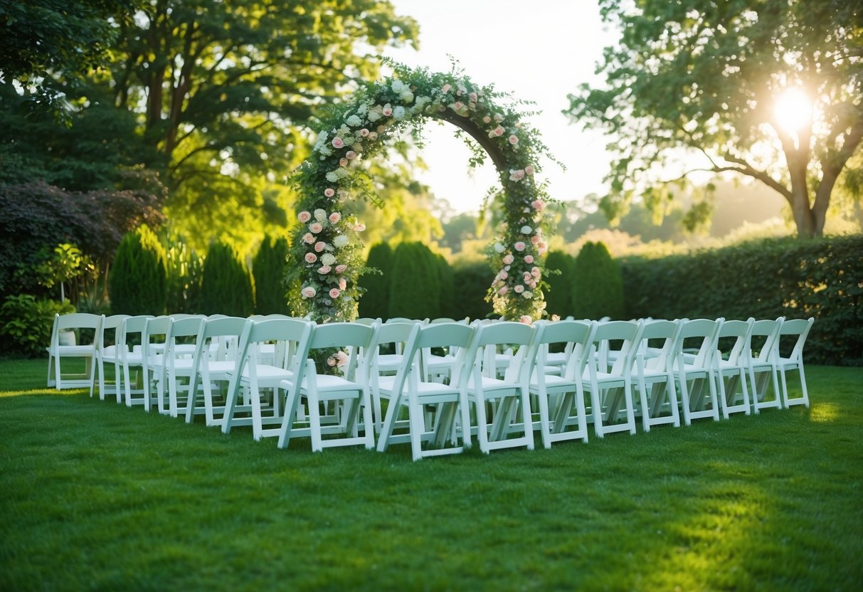 A serene garden with a flower-covered arch, white chairs arranged in rows, and soft sunlight filtering through the trees