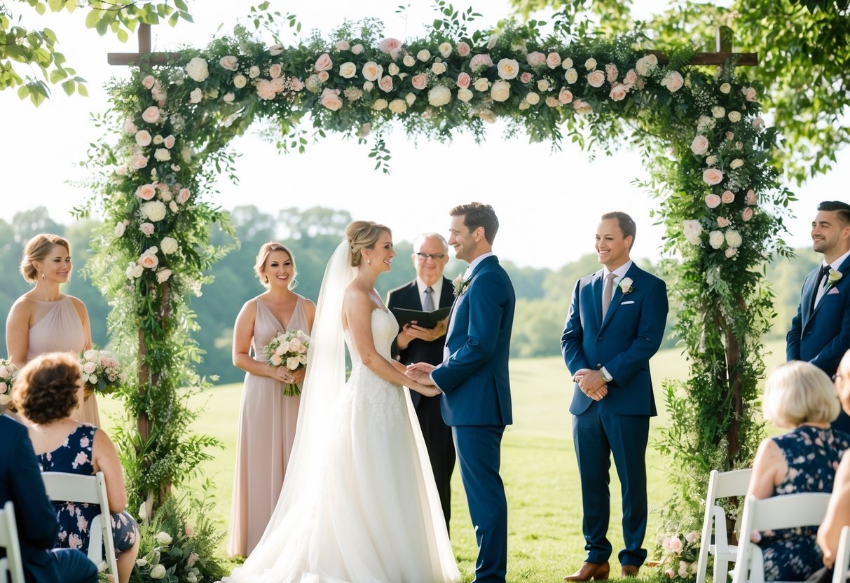 A couple stands beneath a floral arch, exchanging vows as guests look on. A gentle breeze rustles the leaves, and soft sunlight bathes the scene