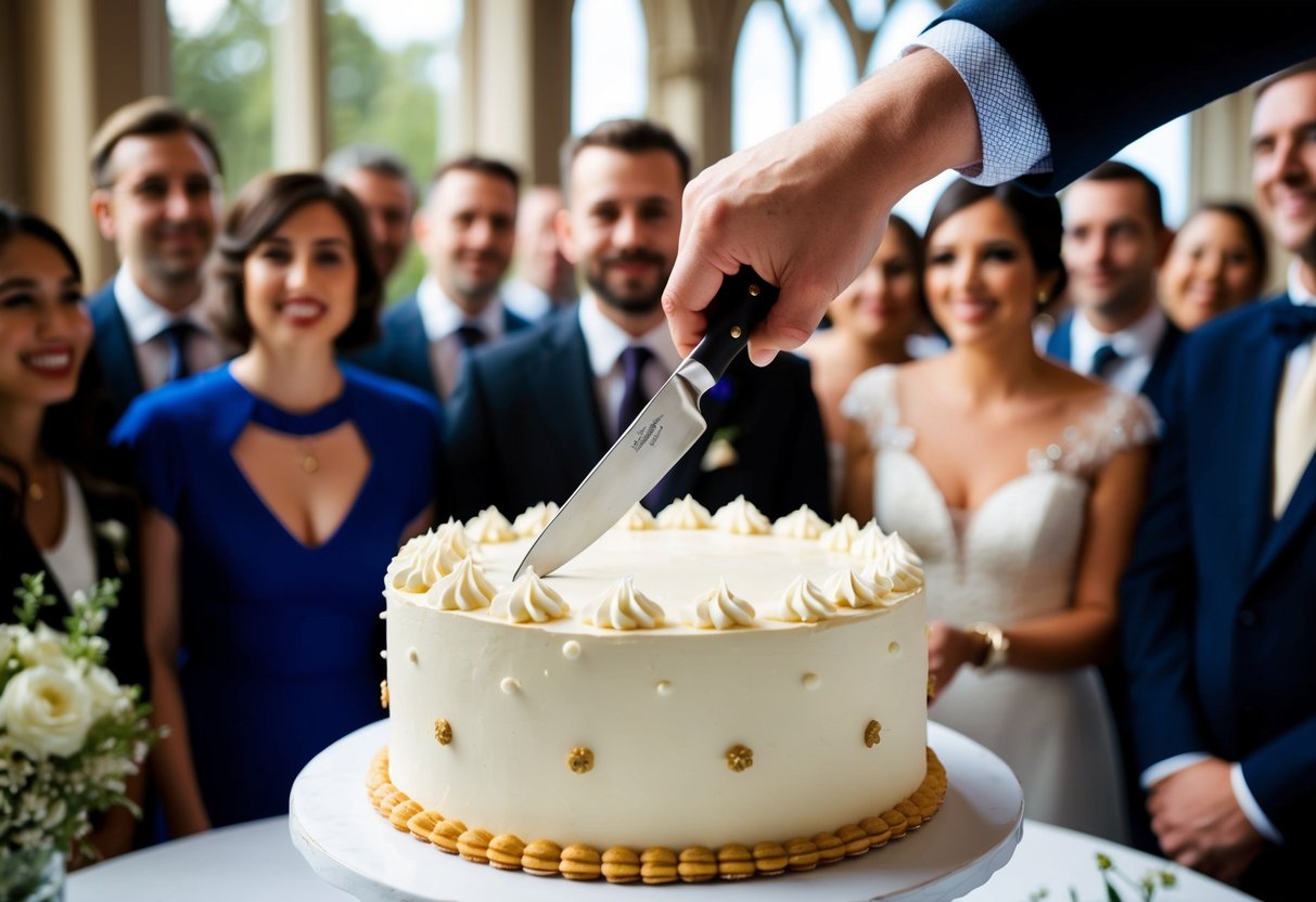 A hand holding a knife poised over a beautifully decorated wedding cake, surrounded by eager onlookers