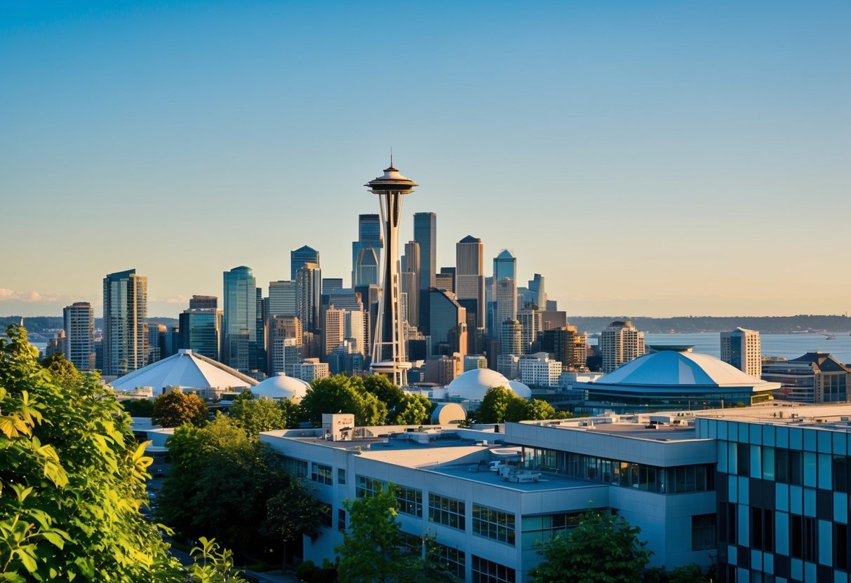 A sunny day in Seattle, with a clear view of the skyline and iconic landmarks, surrounded by lush greenery and modern architecture