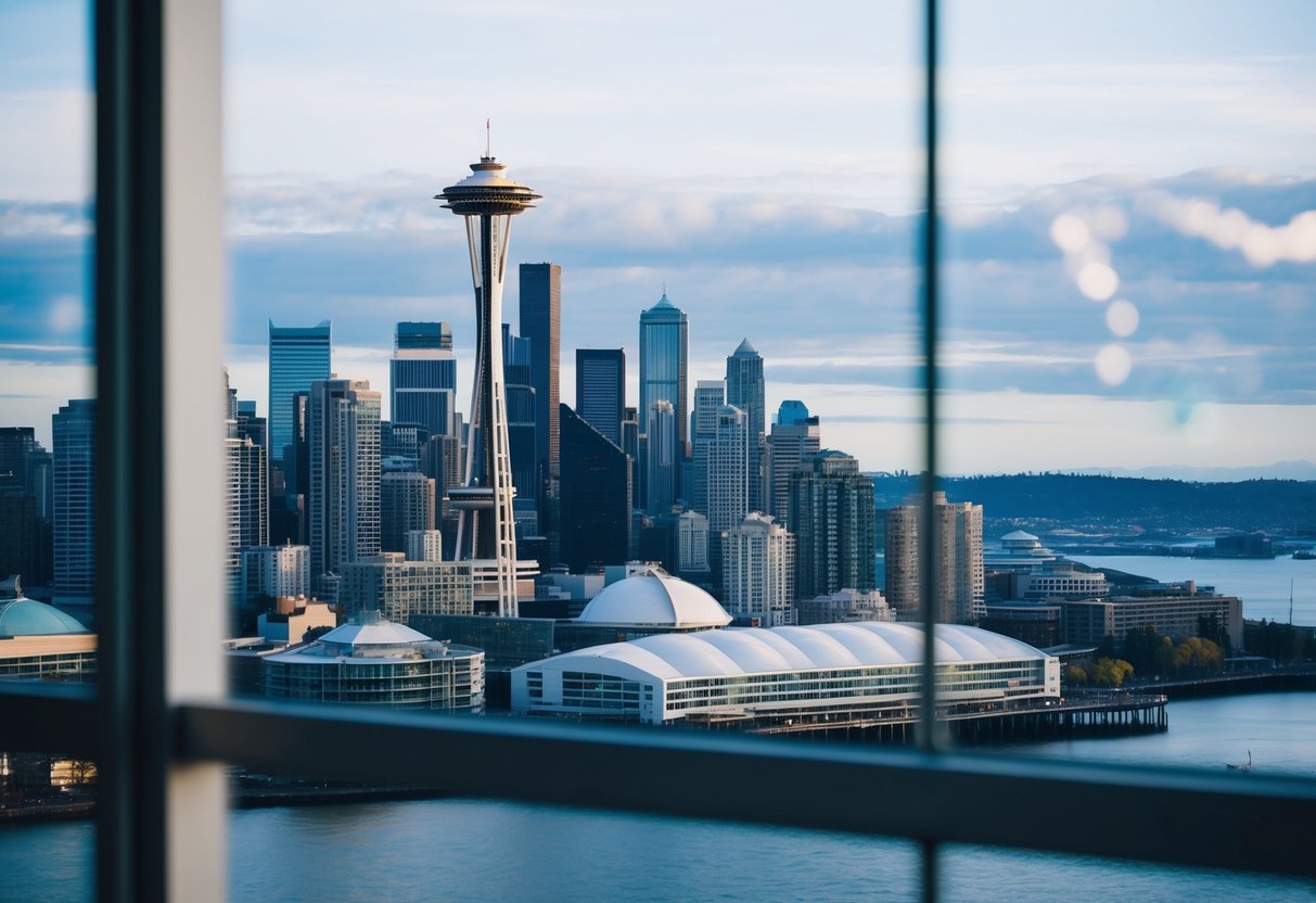 A panoramic view of the Seattle skyline from a high-rise building, with the iconic Space Needle in the background and the waterfront in the foreground