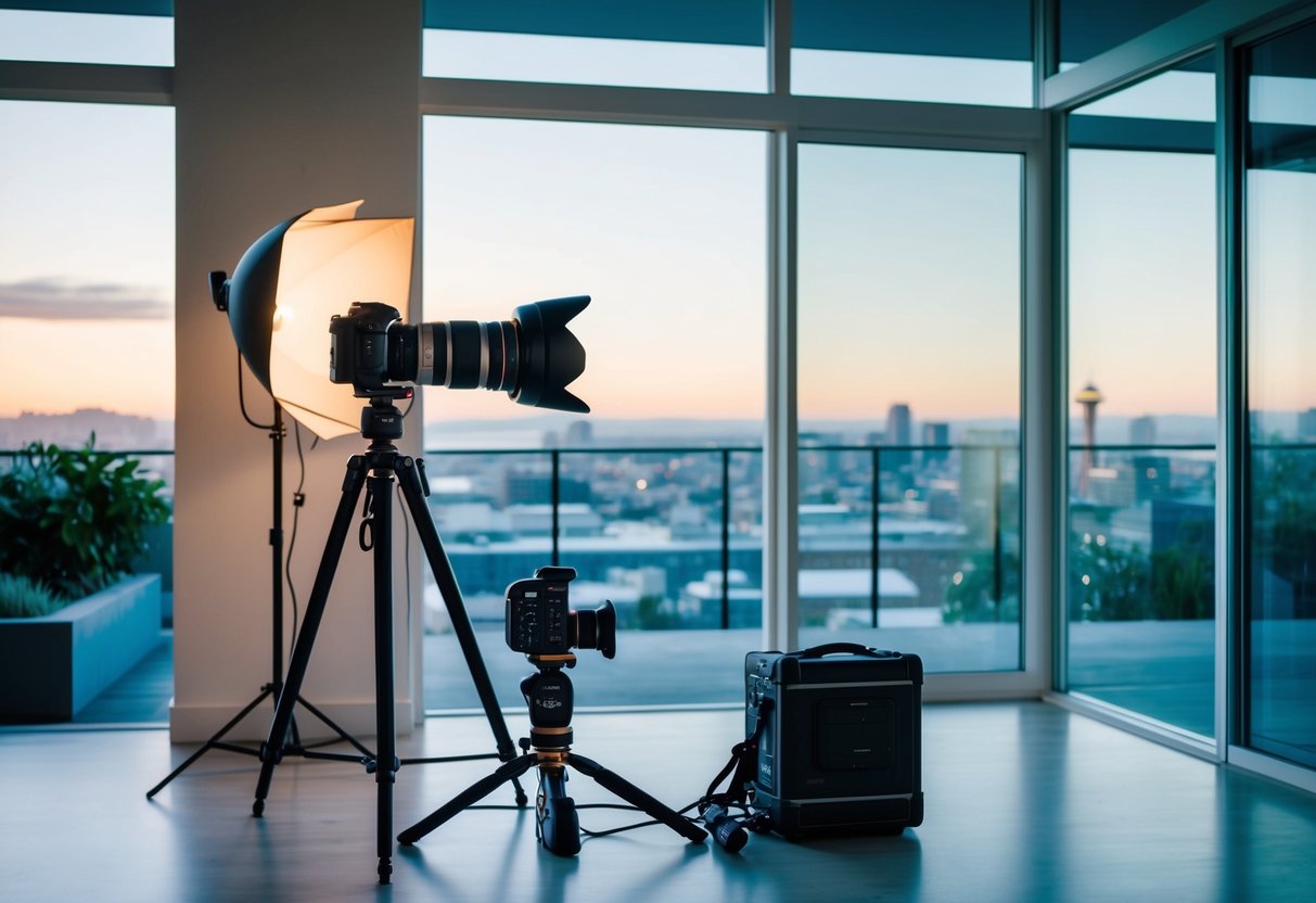 A camera, tripod, wide-angle lens, and lighting equipment set up in a modern Seattle home with large windows and city views