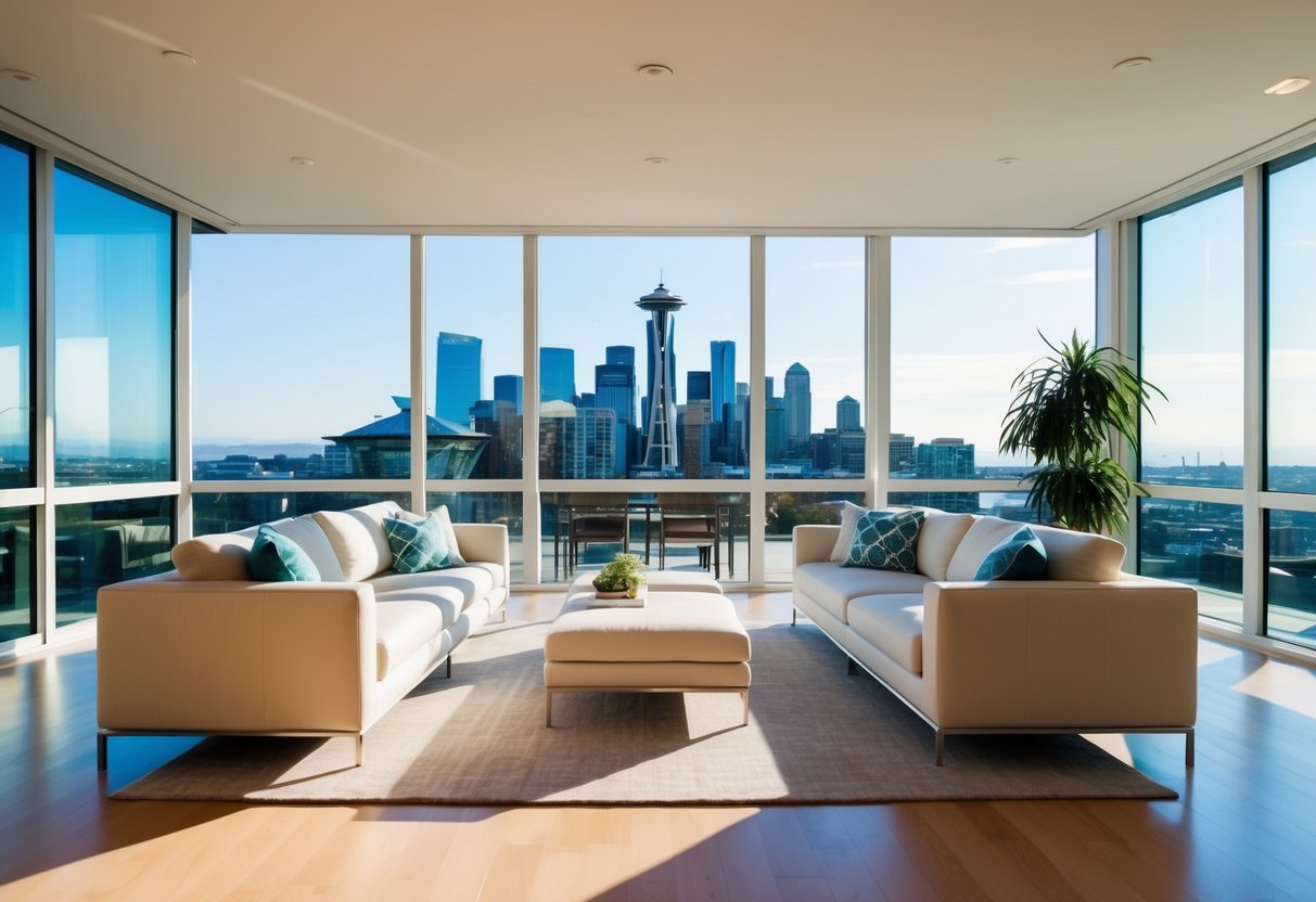 A bright and airy living room with large windows showcasing the Seattle skyline in the background. Warm natural light fills the space, highlighting the modern furnishings and sleek design