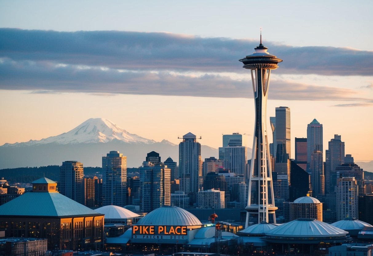 The Space Needle and Pike Place Market in the foreground, with Mount Rainier in the background, surrounded by the city's iconic skyline