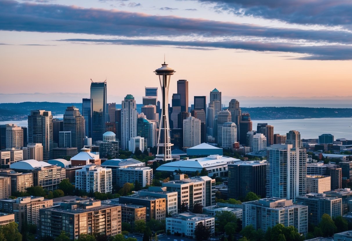 Aerial view of Seattle skyline with various real estate properties and landmarks