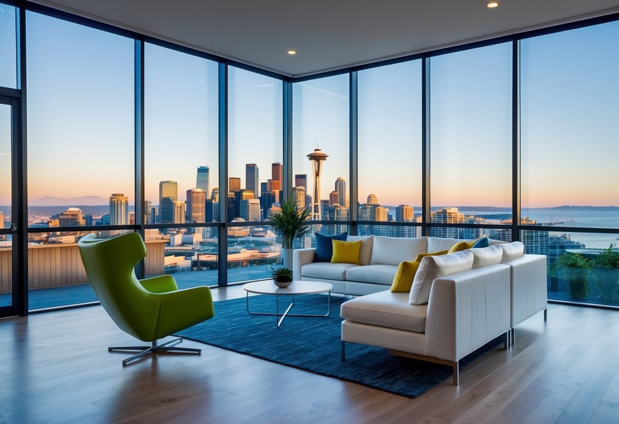 A bright and spacious living room with modern furniture and large windows showcasing a beautiful view of the Seattle skyline