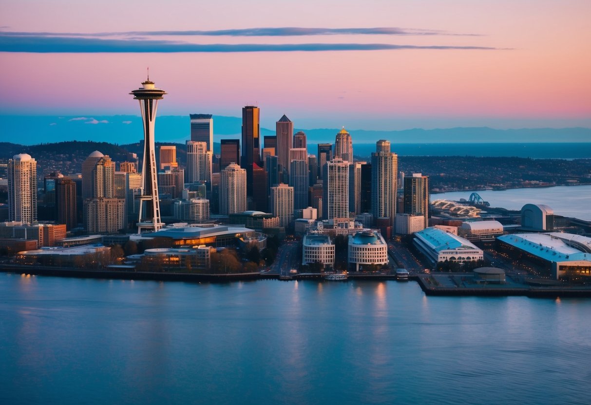 Aerial view of Seattle skyline with iconic landmarks and waterfront properties