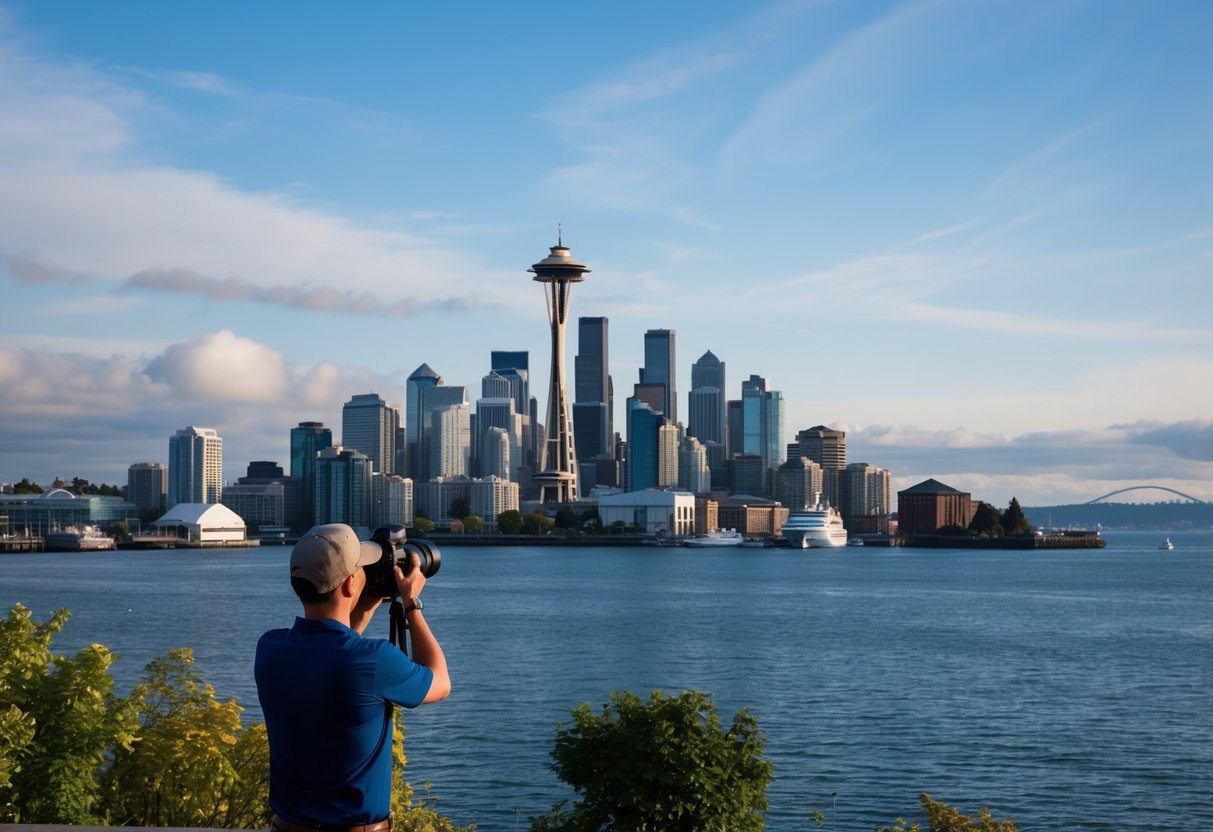 A professional real estate photographer capturing the iconic skyline of Seattle, with the Space Needle and waterfront in the background