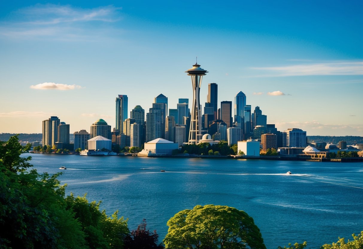 A sunny day in Seattle with a skyline featuring iconic buildings, surrounded by lush greenery and bodies of water