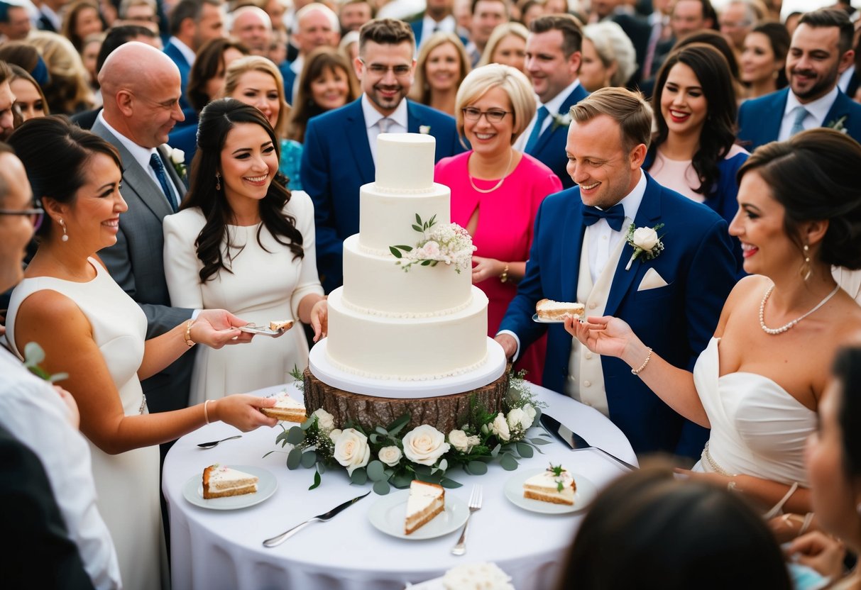 A wedding cake surrounded by a crowd of people, with different slices being taken and served to guests