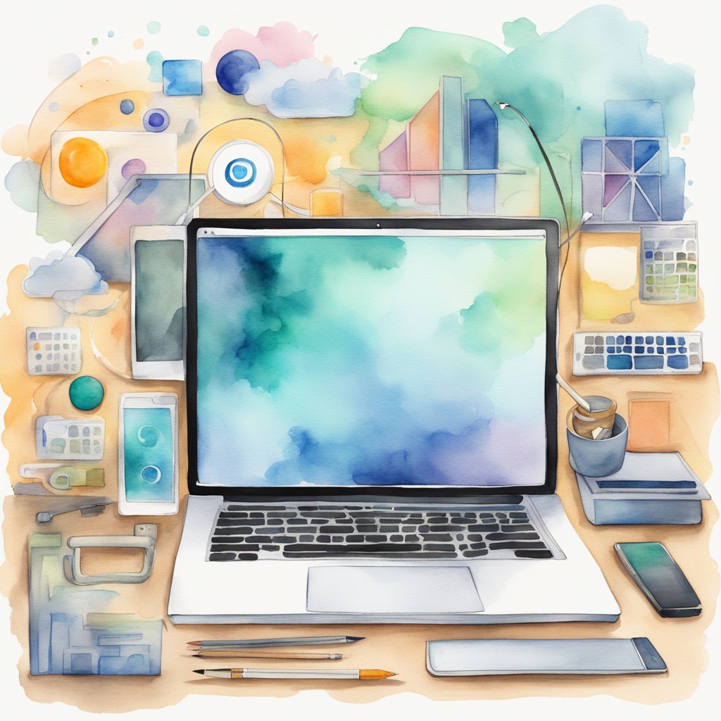 A laptop surrounded by various digital marketing tools and technologies