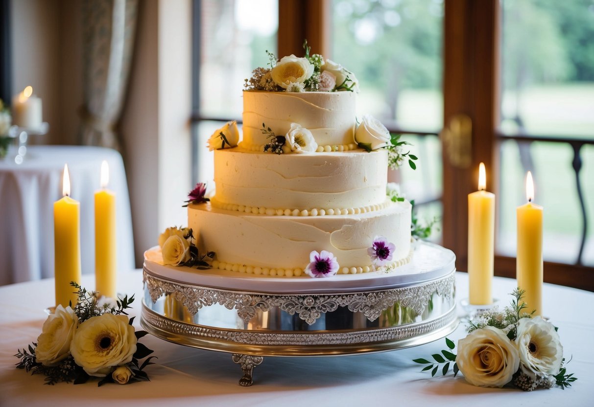 A wedding cake sits on a decorative stand, surrounded by flowers and candles. It is perfectly frosted and adorned with delicate details