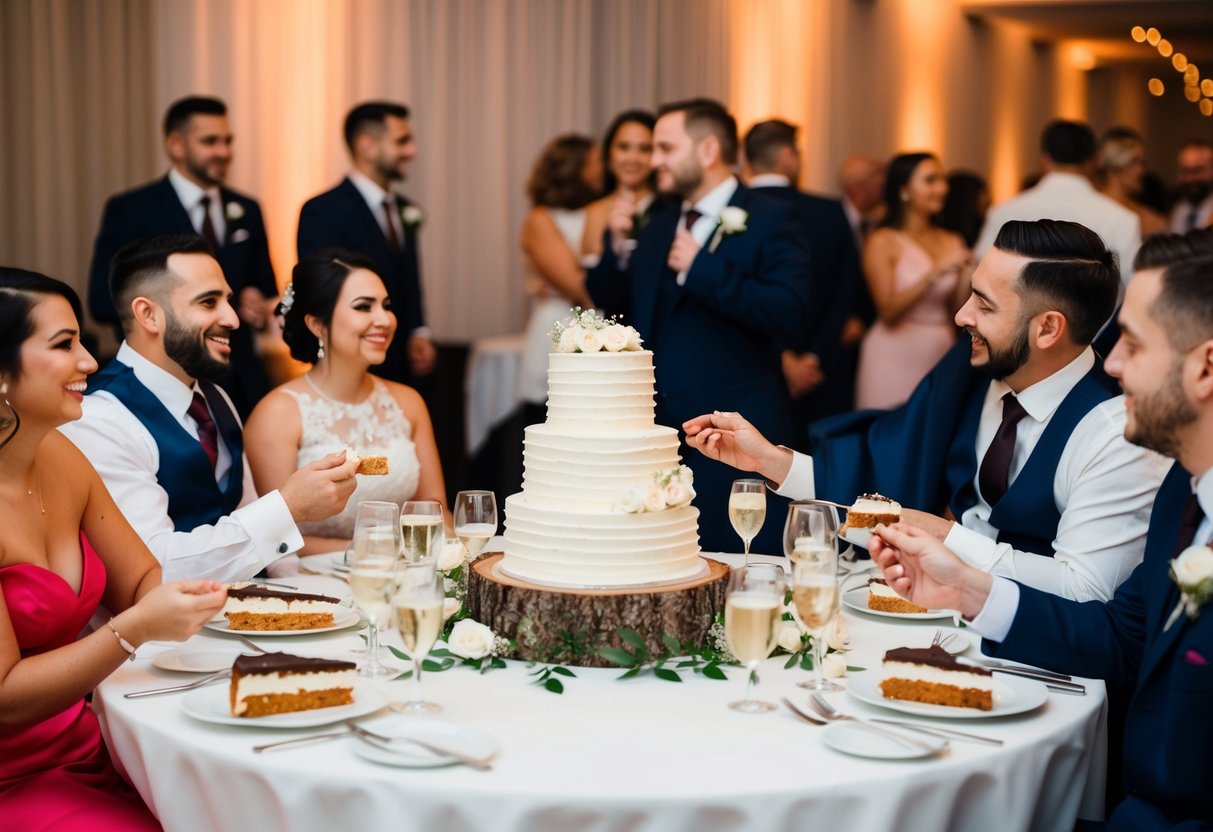 A wedding reception with guests enjoying slices of cake at their tables