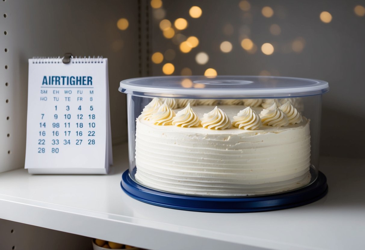 A wedding cake stored in airtight container on a shelf, with a calendar showing the current date and an expiration date marked several days in the future