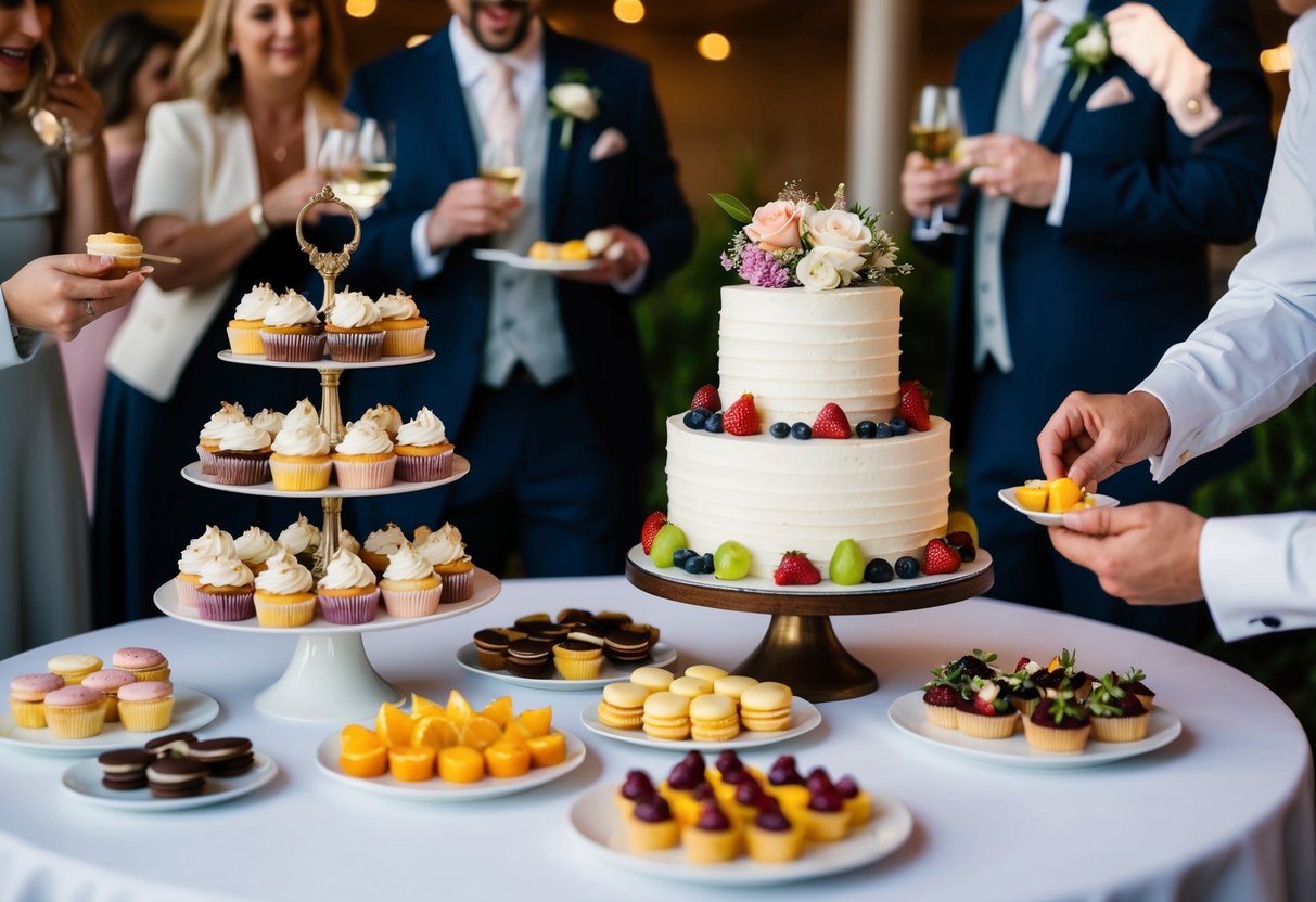 Guests enjoying a variety of alternative desserts, such as cupcakes, macarons, and fruit tarts, while the wedding cake sits untouched on the table