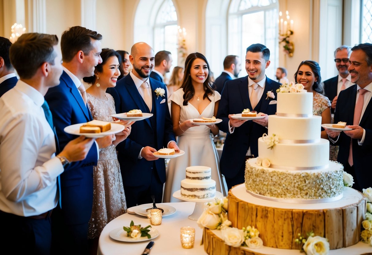 Guests gather around the cake table, some holding plates with slices, while others chat and admire the elaborate cake display