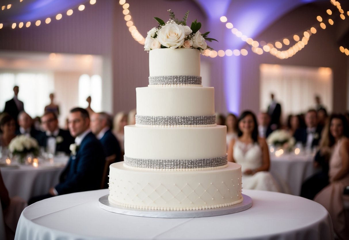 A three-tiered wedding cake with elegant decorations for 100 guests