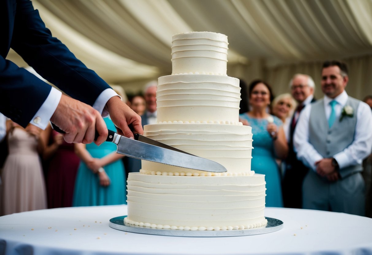 A three-tiered wedding cake being cut into slices for 100 guests