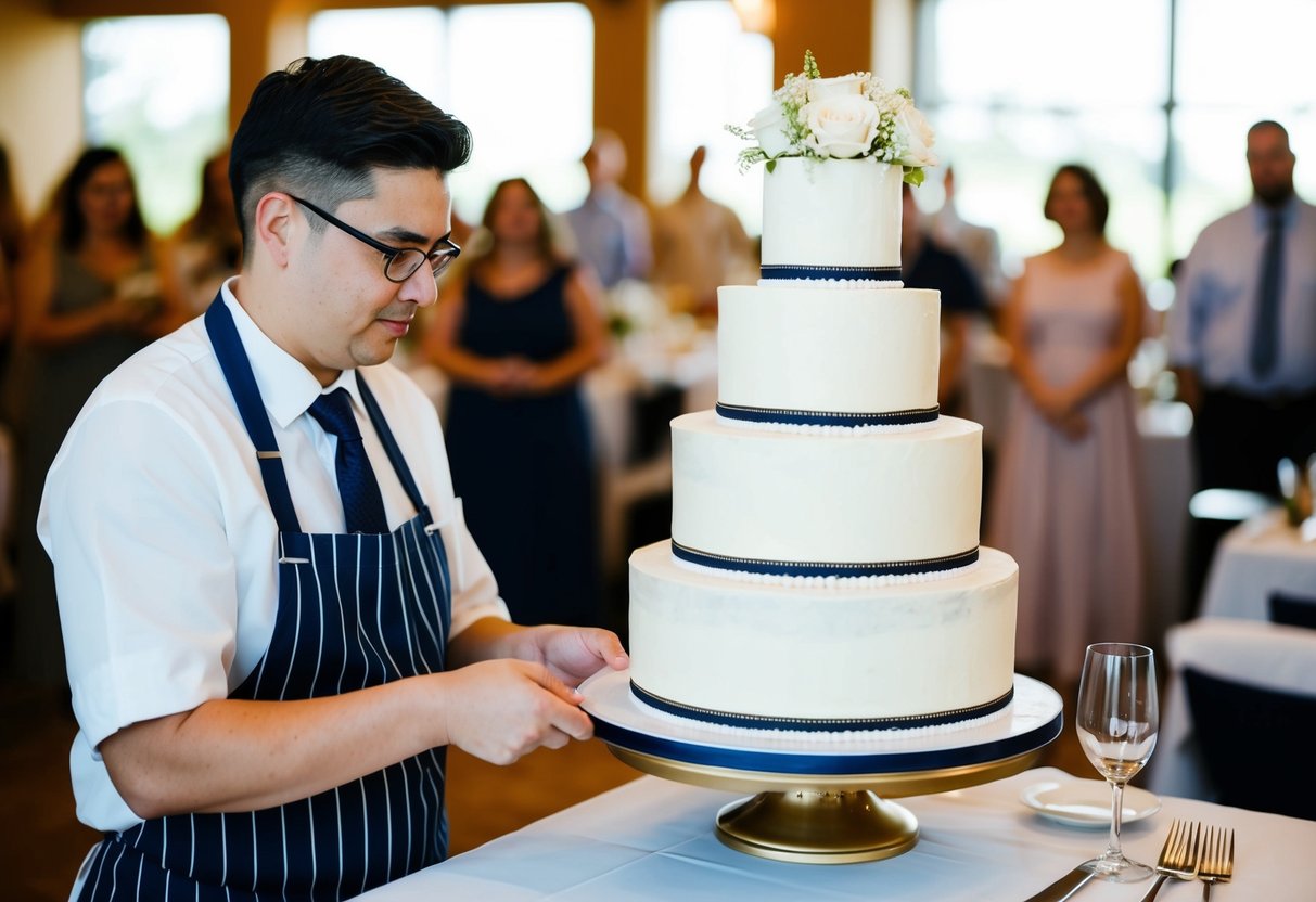 A baker carefully stacks three tiers of wedding cake, preparing to serve 100 guests