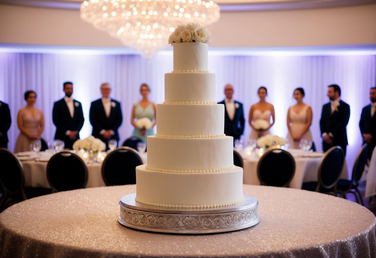A three-tiered wedding cake displayed on a decorated table with 100 guests in the background
