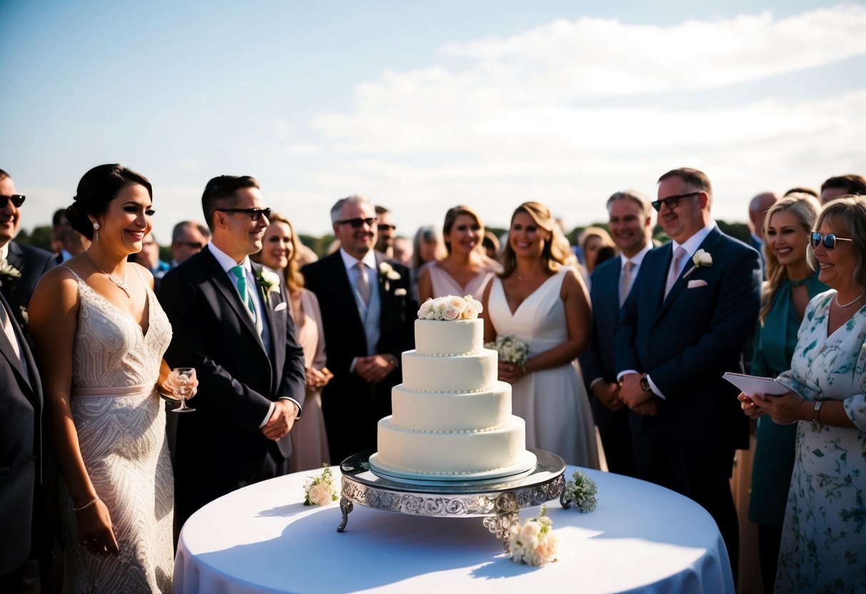 A table with a wedding cake surrounded by a crowd of guests