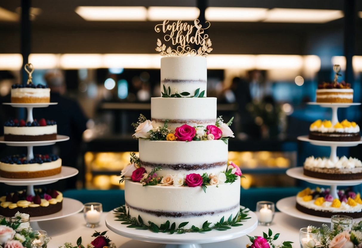 A tiered wedding cake with intricate floral decorations and personalized topper, surrounded by a display of various cake flavors and fillings