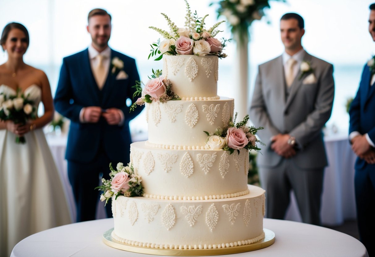 A three-tiered wedding cake with intricate floral decorations, large enough to serve 125 guests