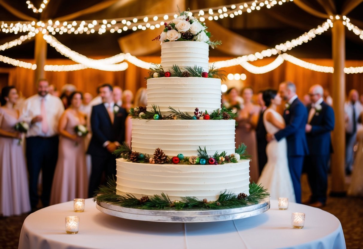 A towering three-tiered wedding cake surrounded by festive decorations for 100 guests