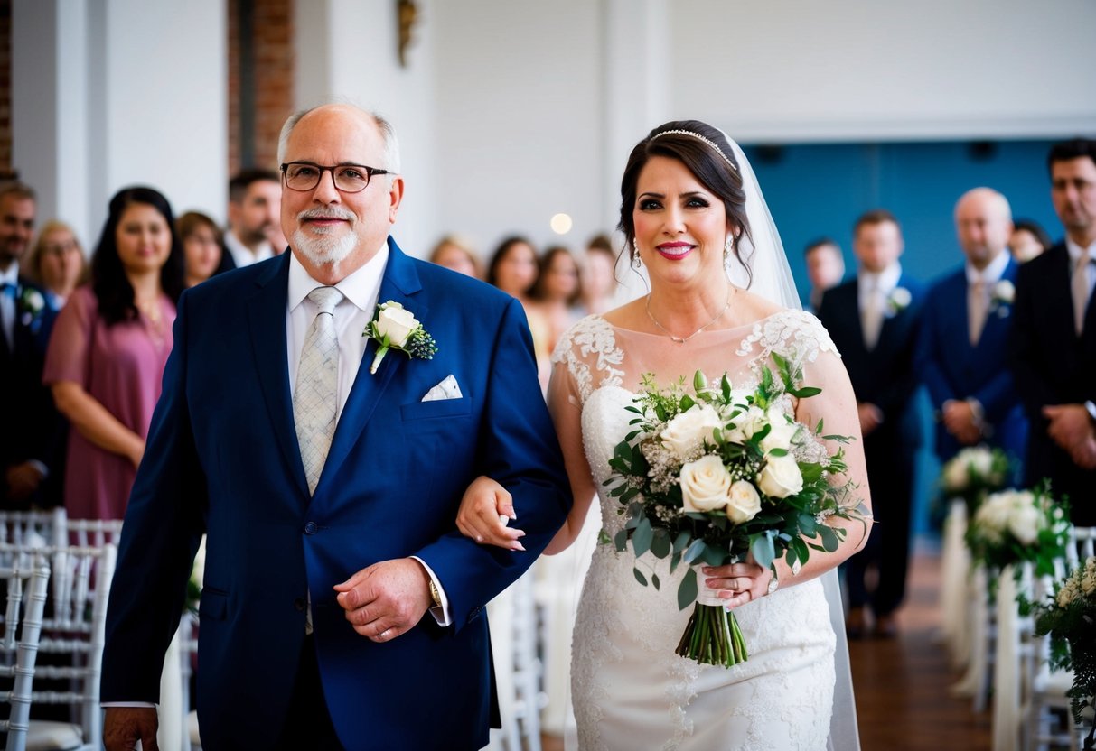 The bride's father walks down the aisle on the left side
