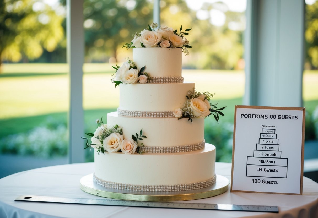 A tiered wedding cake with three layers, adorned with floral decorations, sits on a table next to a ruler and a diagram showing portions for 100 guests